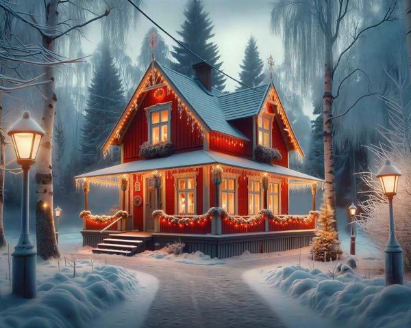 Cozy Red House in Snowy Forest with Christmas Lights