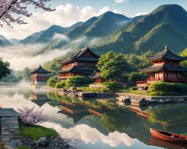 Serene Asian Landscape with Pagodas and Lake Reflection