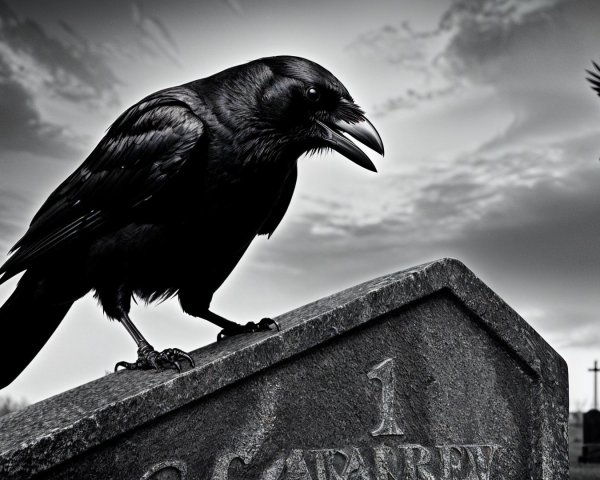 Raven on Gravestone in Black and White Cemetery Scene