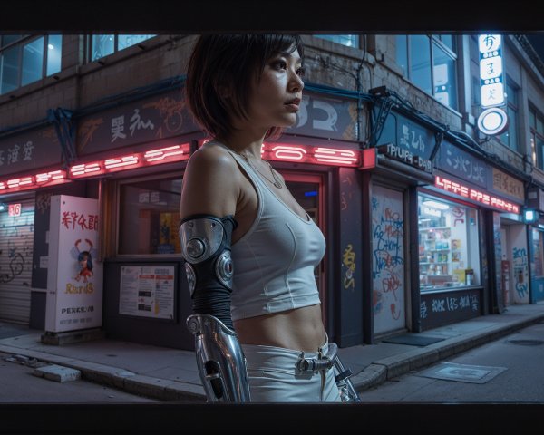 Futuristic Urban Scene with Cybernetic Arm Enhancements