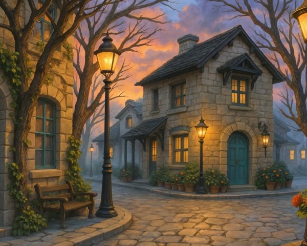 Charming Village Street at Twilight with Stone Houses
