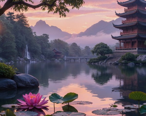 Serene Dawn Landscape with Pagoda and Tranquil Lake