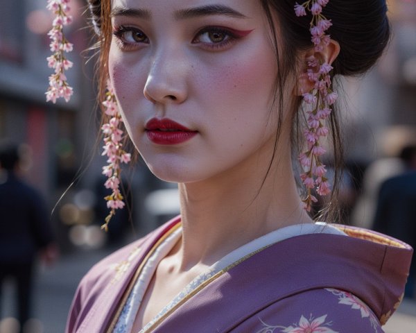 Young Woman in Kimono Surrounded by Cherry Blossoms
