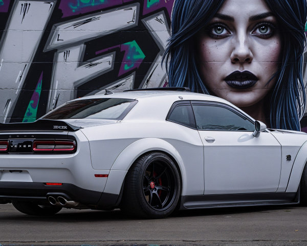 Sleek White Muscle Car by Vibrant Graffiti Mural