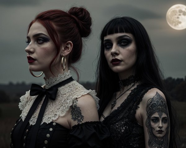 Women in Twilight Landscape with Full Moon and Gothic Fashion