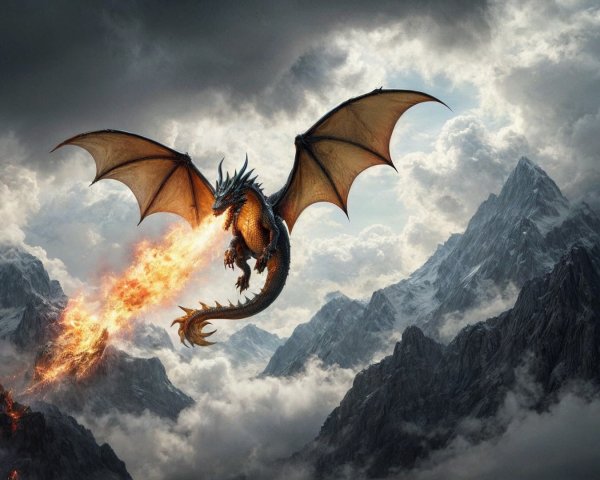 Dragon Soaring Through Stormy Sky with Fire Breath