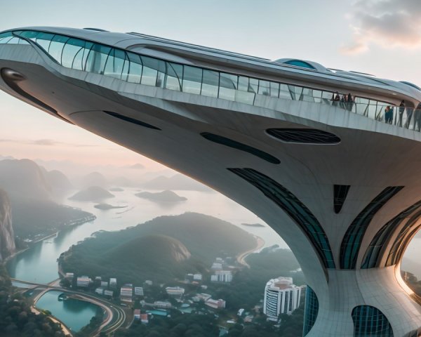 Futuristic UFO-shaped building with panoramic views