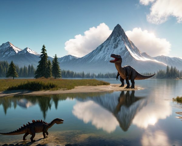 Reflective Lake Landscape with Dinosaurs and Mountains