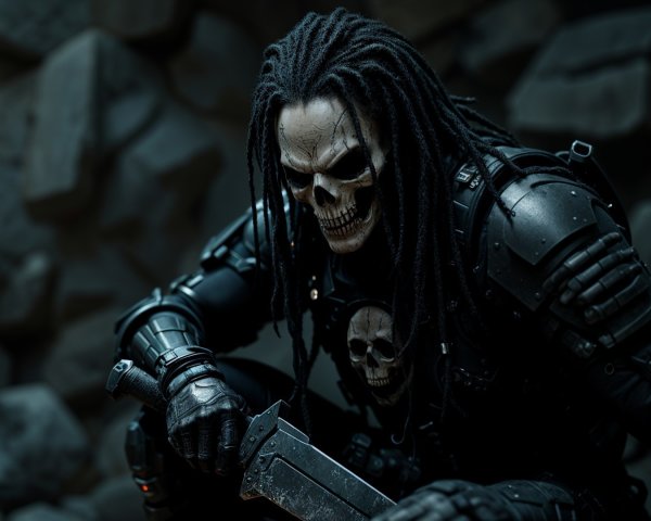 Menacing Figure in Dark Armored Attire with Knife