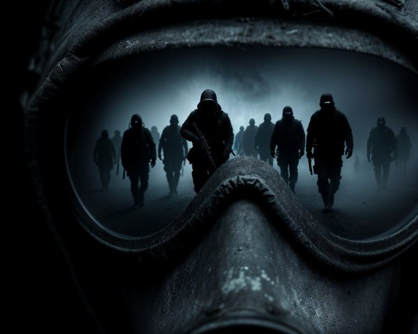 Close-Up of Gas Mask with Silhouetted Figures in Fog