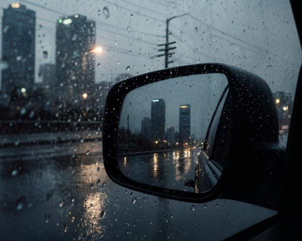 Rainy Urban Scene with Skyscrapers and Reflections