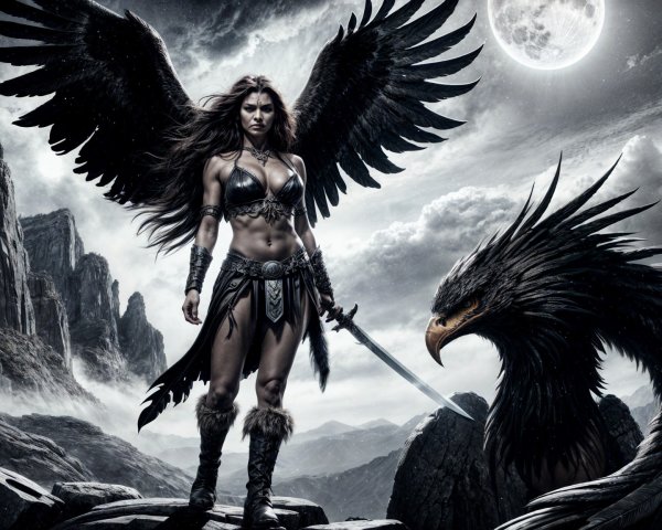 Warrior Woman with Wings and Sword Under Full Moon