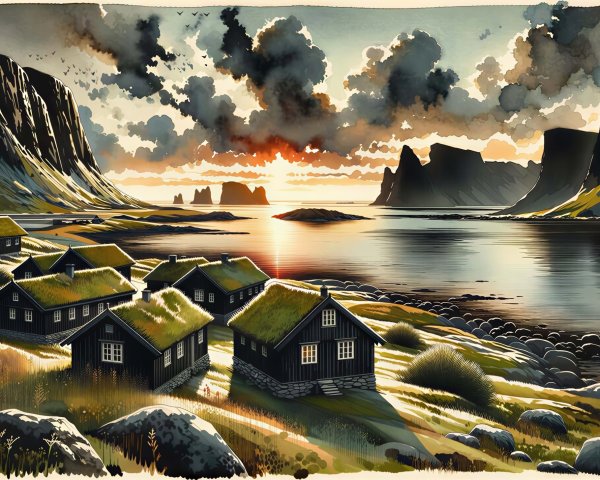 Watercolor depiction of hillside houses by water