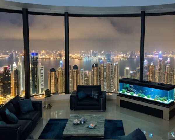 Modern Living Room with City Skyline View at Night