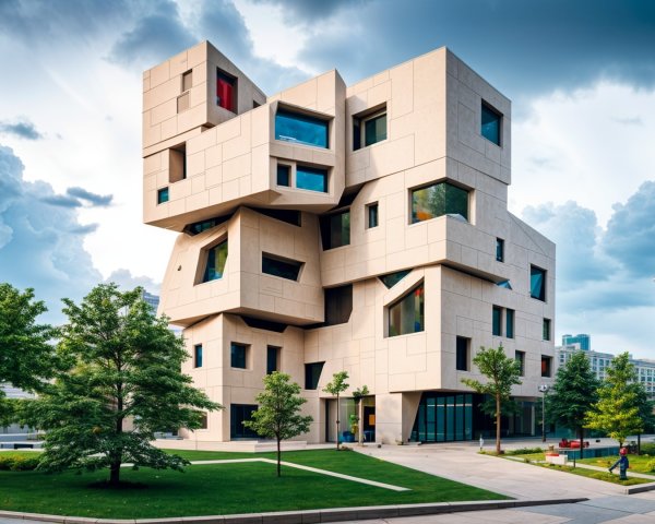 Modern Building with Geometric Design and Greenery