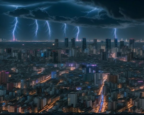 Dramatic Cityscape with Lightning and Ominous Clouds