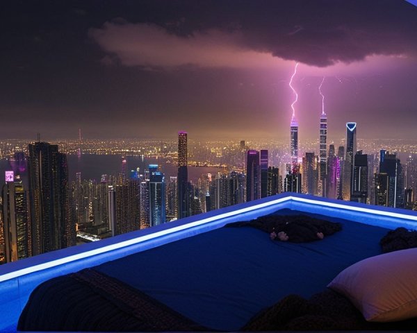 Urban skyline at night with lightning and bedroom view