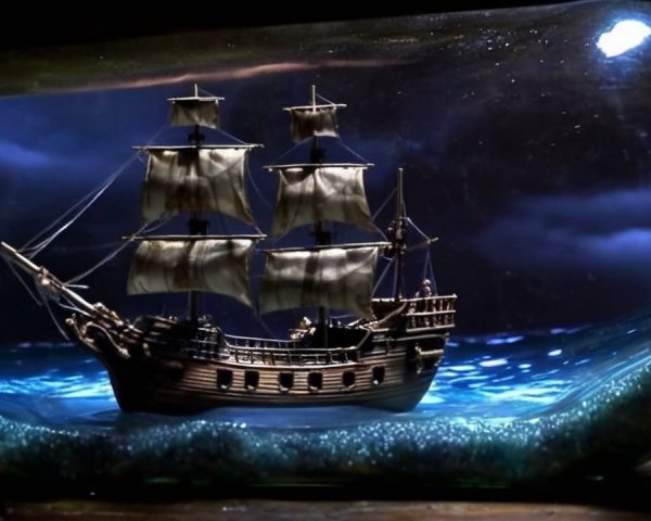 Model ship in glass bottle on wooden surface