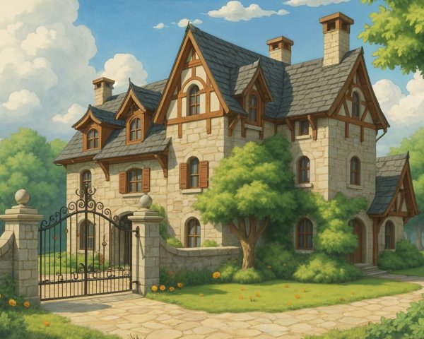 Two-Story Stone Mansion in Idyllic Countryside Setting
