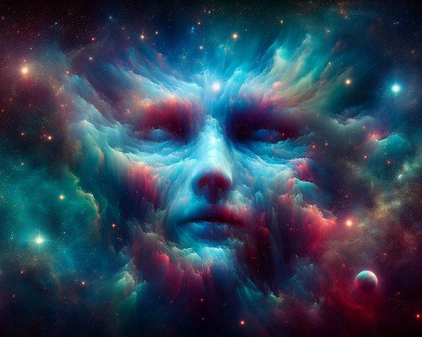 Surreal Cosmic Scene with Human-like Face and Nebulae