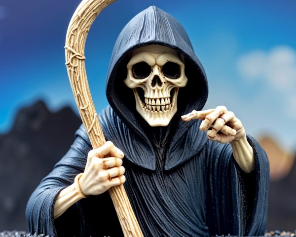 Skeletal Figure in Black Robes with Curved Scythe