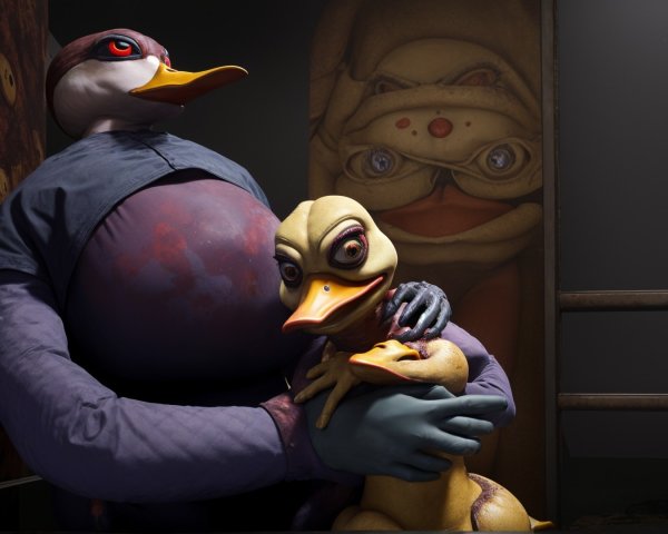Anthropomorphic Duck with Duckling in Eerie Setting