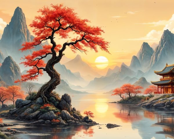 Serene Landscape with Lake, Ancient Tree, and Pagoda