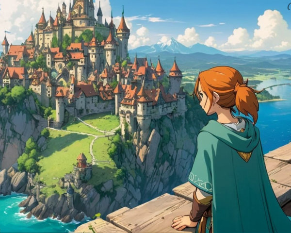 Young Adventurer Overlooking Majestic Castle Landscape