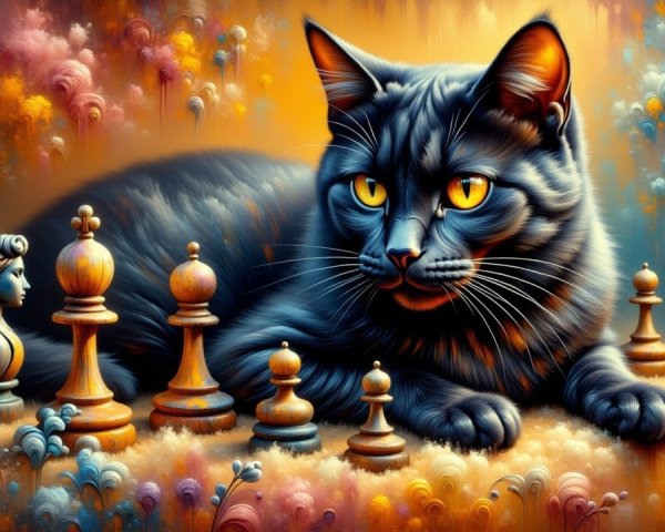 Black Cat with Yellow Eyes Among Chess Pieces