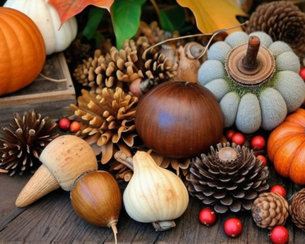 Vibrant Autumn Scene with Decorative Pumpkins and Foliage