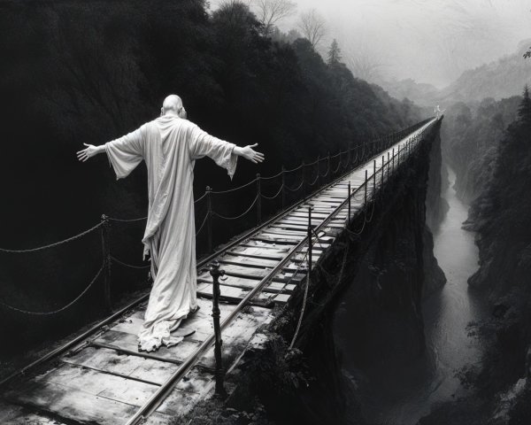 Solitary Figure on a Narrow Bridge Over Chasm