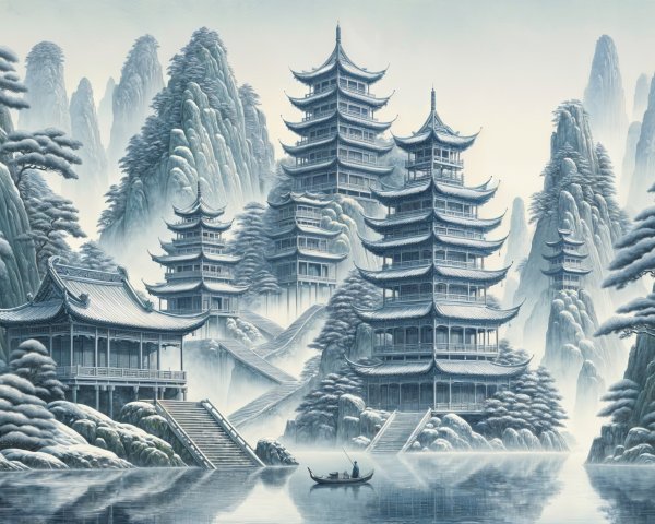 Serene Snowy Landscape with Pagodas and Mountains