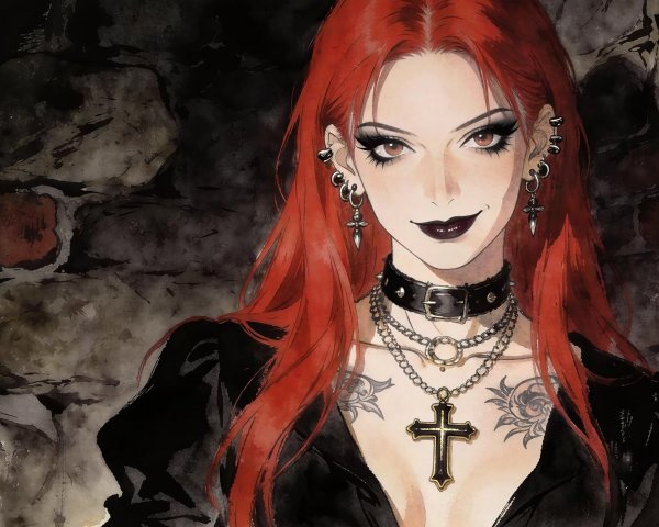 Gothic Portrait of Red-Haired Woman with Tattoos