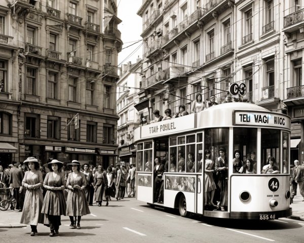 Vintage City Street with Classic Tram and Elegant Attire