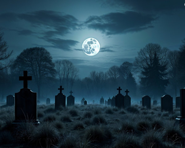 Haunting Graveyard Scene Under Full Moonlight