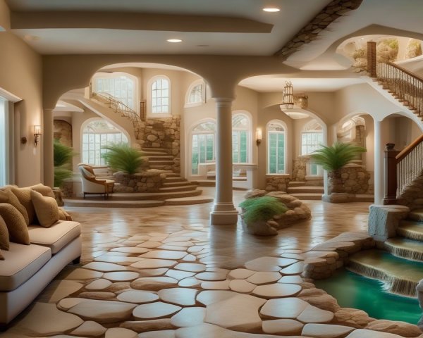 Elegant Living Area with Stone Accents and Natural Light