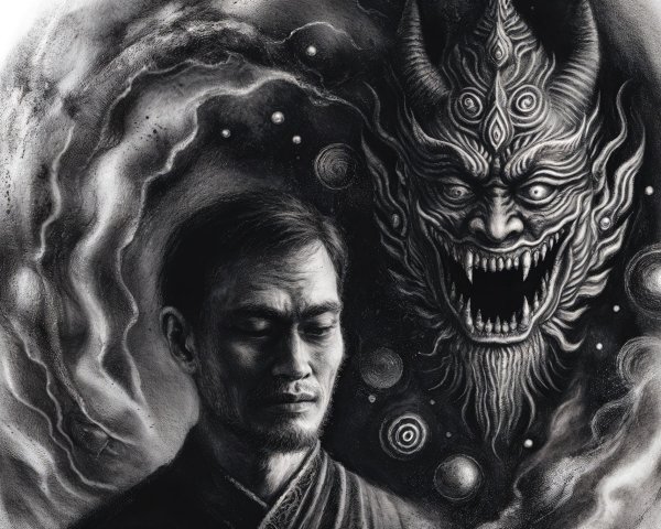 Serene Figure Confronts Horned Demon in Artwork