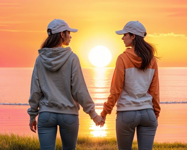 Couple Enjoys Sunset Over Calm Sea in Casual Attire
