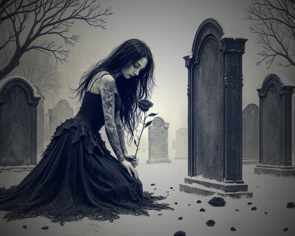 Snowy Graveyard Scene with Young Woman and Black Rose