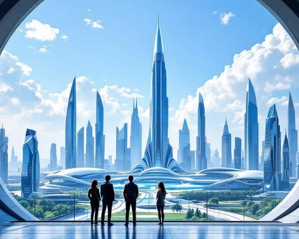 Business Professionals in Futuristic Cityscape Interior