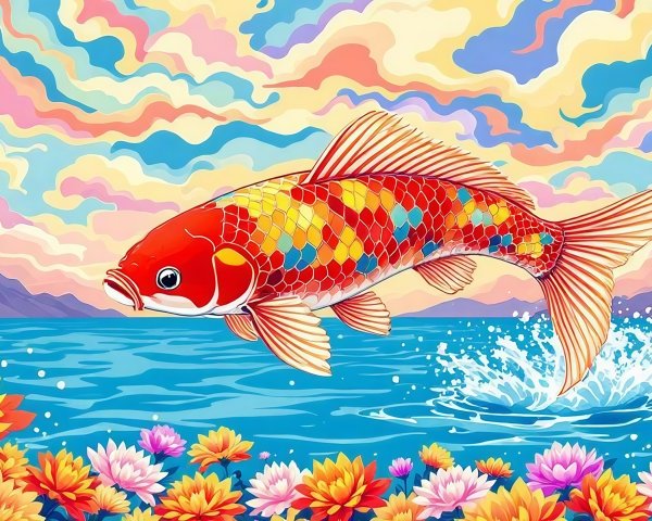 Stylized Red Koi Fish Leaping from Blue Water