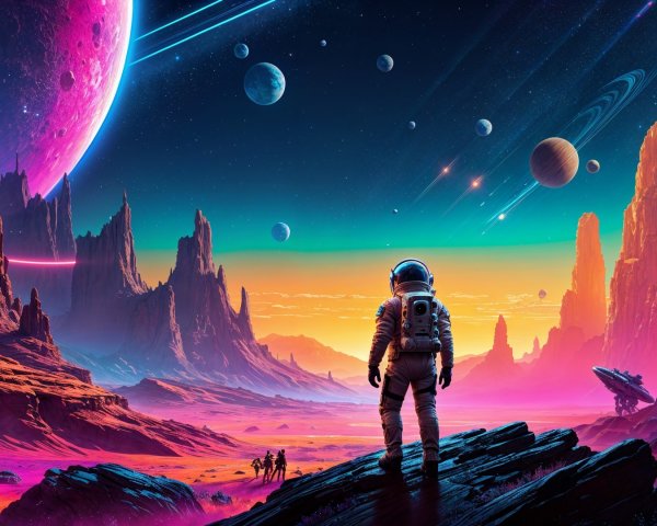 Astronaut in Colorful Alien Landscape with Planets