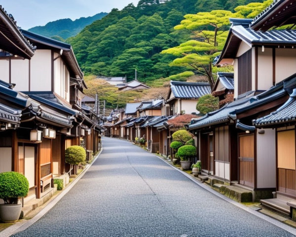 Historic Japanese Street with Wooden Houses and Gardens