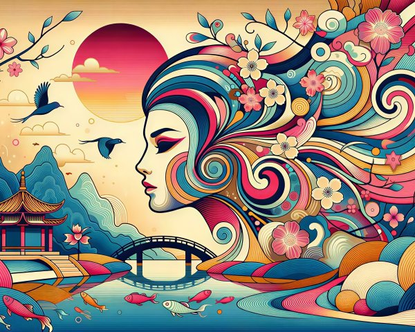 Vibrant Oriental Landscape with Cherry Blossoms and Pagoda