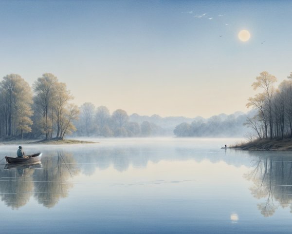 Tranquil Lake Scene with Fisherman at Sunrise