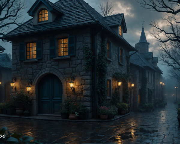 Twilight Stone Village with Lanterns and Cobblestone Streets