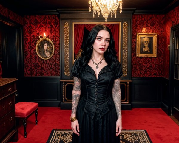 Elegant Woman in Vintage Room with Dark Red Wallpaper