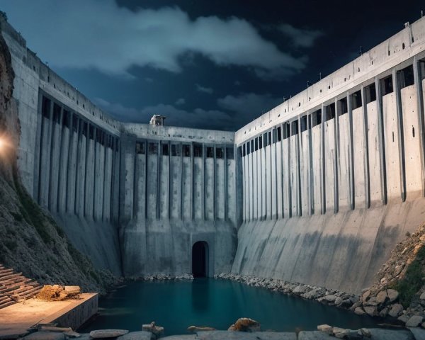 Massive Unfinished Concrete Dam Illuminated at Night