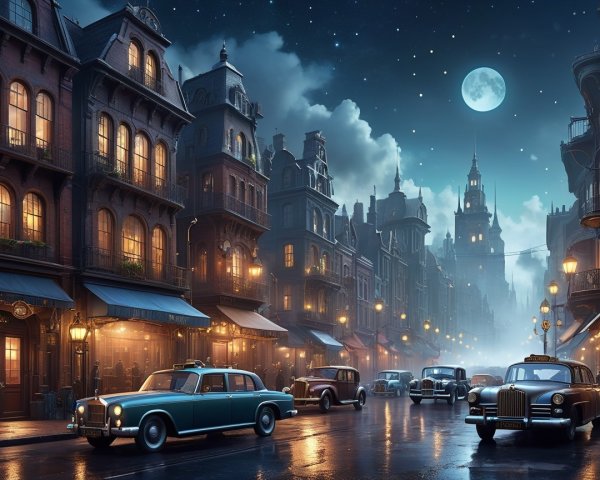 Nostalgic Night Scene of a Dimly Lit Cobblestone Street