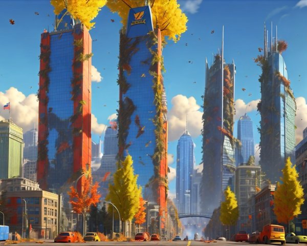 Vibrant Cityscape with Autumn Foliage and Skyscrapers
